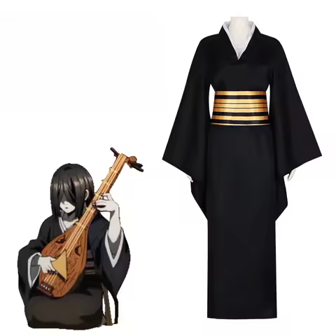 Halloween Cosplay Costume Anime Demon Slayer Nakime Girl Japanese Black Kimono Outfit Dress Bathrobe