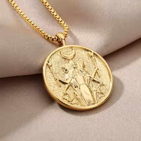 Vintage Hecate Pendant Necklace For Women Men Gold Pltaed Greek Athena Aphrodite Medallion Necklaces