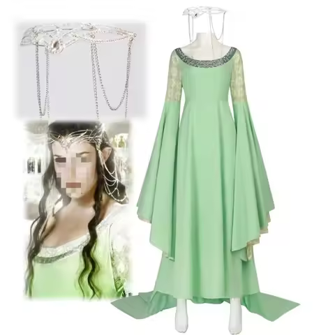 Arwen Cosplay Green long Dresses Wide Sleeve Crown props Elven Princess Lady Costumes Halloween Carn