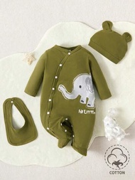嬰兒男寶寶象紋睡衣連帽子和圍兜