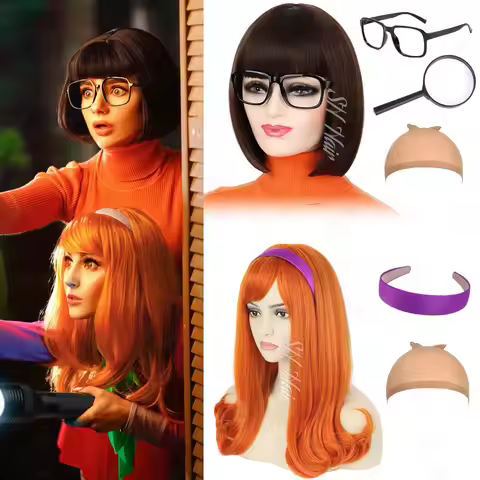 Synthetic Brown Wig with Bangs+Glasses+Magnifying Glass Velma Wig,Orange Wig+Purple Headband Daphne