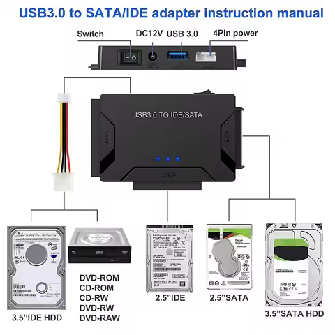 USB 3.0 to SATA IDE Hard Disk Adapter Converter Cable for 3.5 2.5 inch HDD/SSD CD DVD ROM CD-RW 3 in