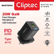 CLiPtec MCU720CA 20W GaN Fast Charger – PD + QC3.0 Dual Output | USB‑C & USB‑A Ports | SIRIM Approve