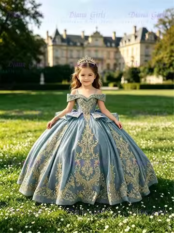 Gorgeous Gold Applique Flower Girl Dress for Wedding with Bow Crystal Girls Pageant Dresses Off Shou