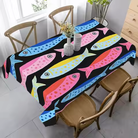 1pc Colorful Sardine Fish Print Table Cover Polyester Tablecloth Vibrant Table Accessory Durable Squ