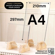 Solid Rubberwood Acrylic Standee | Cafe Menu Holder Flyer Display Poster Stand 2-in-1 Orientation