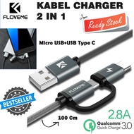 Kabel Charger 2 in 1 Micro USB+USB Type C 100 cm 1 Meter Cas Casan Ces Cesan Chargeran Cargeran Hp Hape Smartphone Tab Tablet Cepat Penuh Fast Charging Kabel Data Samsung Xiaomi Oppo Asus Huawei Serbaguna Multifungsi Gadget