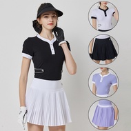 Blktee Ladies Anti-light Pleated Skirt Breathable High Waist Golf Skort Women Patchwork Slim Golf Shirt Ronud Neck Short Sleeve Tops Summer Suit