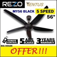 [UPGRADED MOTOR] Rezo 5 SPEED F5 Series Remote Control Ceiling Fan 56 inch 5 ABS Blades (Black)