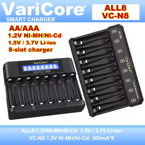 VariCore 8-Slot Smart Battery Charger for AA AAA 1.2V Ni-MH/Ni-Cd – LCD Display & LED Indicator /Ove