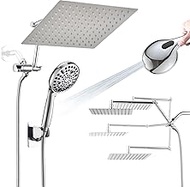 PDPBath 12" Rainfall Shower Head with Handheld Spray, Dual Rain Showerhead with High Pressure 10-Setting Wand Combo, 16" Adjustable Extension Arm Build-in 3-way Diverter, 6ft Hose -Chrome