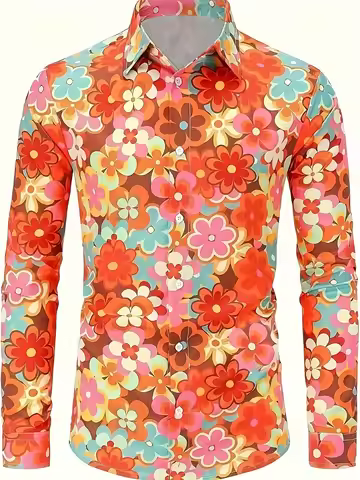 Men's Long-sleeved Floral Print Shirt Fashionable Bohemian Style Casual Party Music Festival Button 