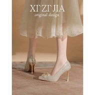 แชมเปญคริสตัลรองเท้าส้นสูงแพลตฟอร์มกันน้ําภาษาฝรั่งเศสคํารองเท้าแต่งงานสองทางสวมใส่เจ้าสาว < Ne2> แส