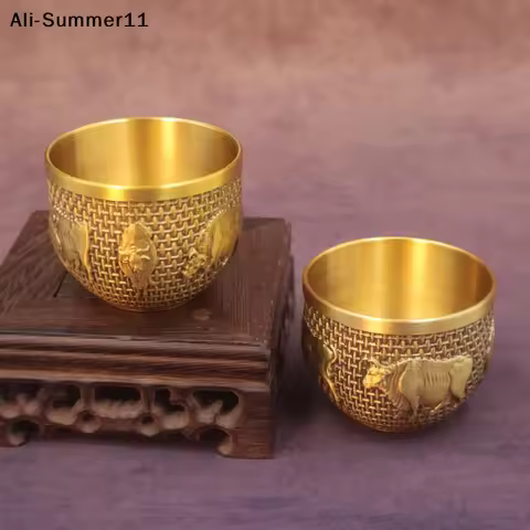 【A6L】Brass Fu Bowl Desktop Lucky Decor Hand Carved Brass Drinking Cup Treasure Bowl Metal Artifact G
