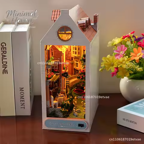 Retro DIY Wooden Book Nook Shelf Insert Miniature Kits Bruges Ancient City Bookshelf Home Decoration