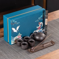 กาน้ำชาดินเหนียวสีม่วงสี่ถ้วยทัพพีหิน Xishi กล่องของขวัญธูปสตริง