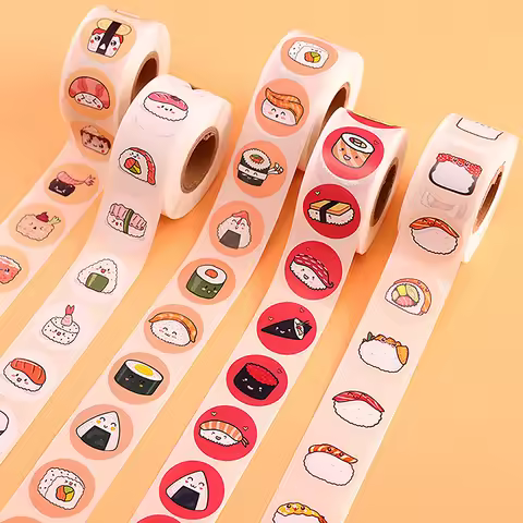 1Roll 2.5cm/1inch Circular Cartoon Sushi Pattern Sticker Birthday Wedding Decor Sticker Baked Desser