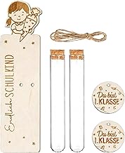 Endlich Schulkind Money Gift Set, Wooden Test Tube 17 x 4.5 cm with Wooden Pendant, Gifts for First 