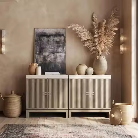 Set of 2 Anton Sideboard Buffet Cabinet - Travertine Greige | 63 Inches,Fluted Reeded Door,Travertin