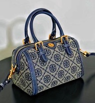TORY BURCH 湯麗柏琦 T Monogram 老花滿印 織物拼牛皮革 波士頓包單肩斜挎手提包 迷你 女款 海軍藍/牛仔