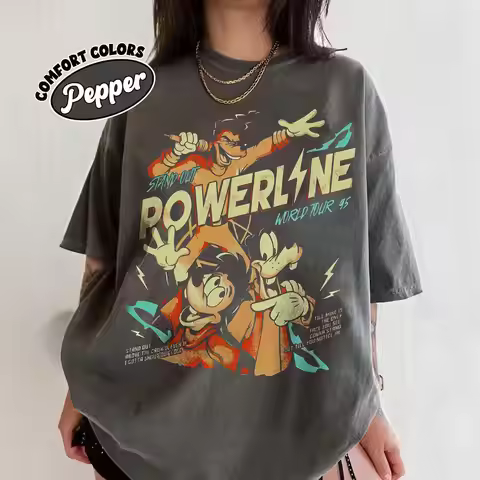 Powerline Graphic Tee, Goofy Movie Characters & 90s Tour Design, Comfort Colors Pepper Tee for Stree