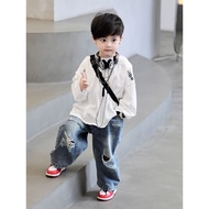 Boys 39 handsome suit new Korean style letter stitching base shirt children s retro ripped jeans two