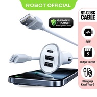 ROBOT Car Charger 3 Port Fast Charging 24W FREE Type C Cable Original RT-C08C Car Charger Plug - 1 Y
