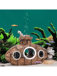 1入組海底沉船潛艇裝飾品，魚缸水族箱潛艇觀賞裝飾，適用於魚蝦藏身之所