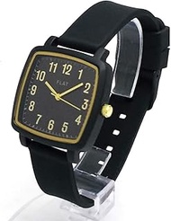 N02219S-1 BK Women's Flat Square Rubber Band Watch, Black, Black