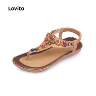 Lovito Boho Plain Beaded Ethnic Style Bohemian Travel Outfits Beach Slip Ons for Women LFA64214