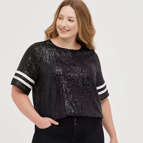 Plus Size Loose Short Sleeve Sequin T-shirt Women Scoop Neck Bling Bling Summer Casual Blouse Top La