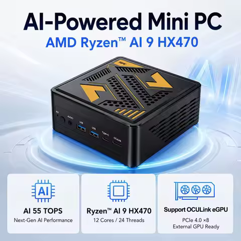 TOPC Ryzen AI 9 HX470 Mini PC AI 55 TOPS OCuLink eGPU DDR5 64GB Dual PCIe 4.0 SSD Dual 2.5G LAN WiFi