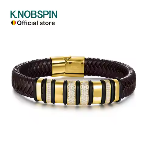 KNOBSPIN 8mm Leather Bracelet 100% s925 Sterling Silver Plated 18k Lab Grow Zircon Diamond Luxury Cu