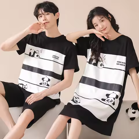Summer Cute Cartoon Couple Pajama Set Men 100% Cotton Casual Short Sleeve Pyjamas Women Nightgown