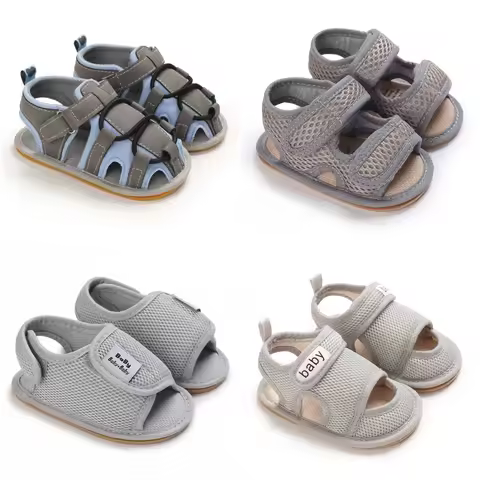 Fashionable 0-18M Gray Summer Sandals For Young Children Soft Rubber Sole Anti Slip First Walking Sh