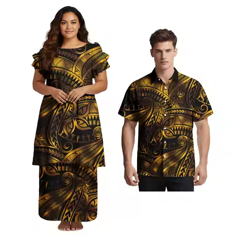 Couple Sets Two Pieces Hawaii Polynesian Tribal Print Plus Size Ladies Church Elegant Dress Match Me