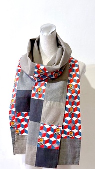 純手作/日本印花狐狸銀色橘灰方格拼接幾何純棉圍巾披肩