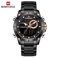 Naviforce เดิมนาฬิกาดิจิตอลสำหรับผู้ชายกันน้ำ30เมตรสแตนเลสสายทองส่องสว่างปฏิทินดิจิตอล Timing แสดงแฟ