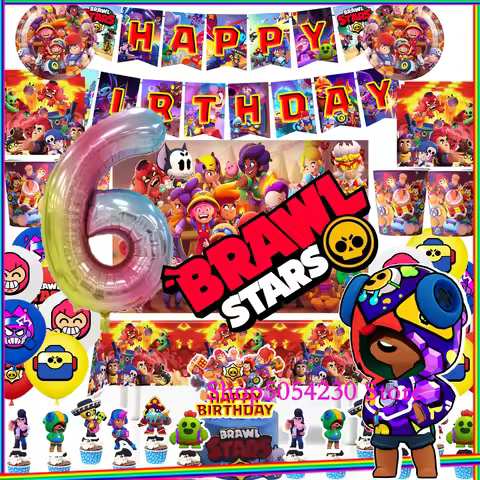 Brawl Stars Party Decoration Balloons Happy Birthday Banner Game Background Cake Topper Stickers Dis