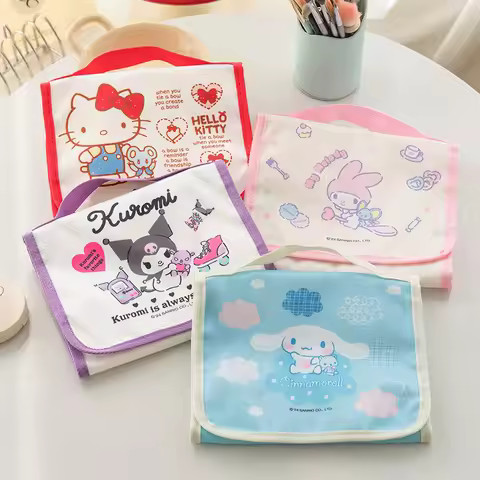Anime Hello Kitty Folding Makeup Bag KT Cat Kuromi Melody Cinnamoroll Cartoon Large Capacity Travel 