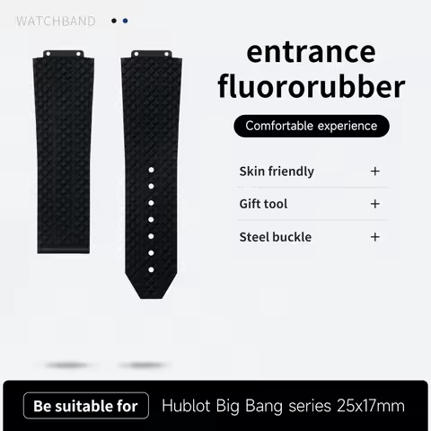 25x17mm Fluororubber FKM Watchband For Hublot Strap Fold Buckle Metal Insert For 44mm Men Big Bang A