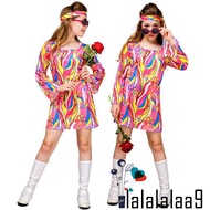 LA-2Pcs 60s 70s Outfit for Girls Kids Hippie Costume Bell Sleeve Print Disco Dress with Headband Halloween Cosplay Dancing Dress