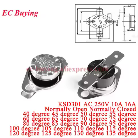 1Pc-5Pcs KSD301 AC 250V 10A 16A Normally Open Closed 0-160 Degree Bakelite KSD-301 Temperature Therm