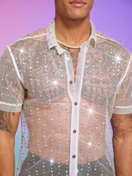 FeverCity 針織休閒短袖襯衫，鑲有鑽石裝飾和透視設計