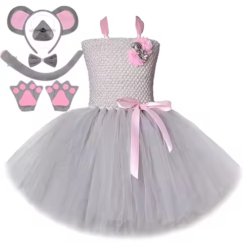 Pink Gray Mouse Tutu Dress for Baby Girls Grey Rat Costumes with Ears Bow Tie Tail Kids Animal Carni