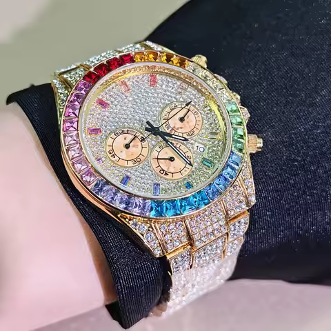 High Quality Luxury Ice Colored Diamond Quartz Watch Men Trendy Steel Vintage Ice Out Timepiece Nove