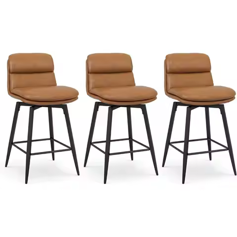 Set of 3 26 Swivel Counter Height Bar Stools with Double Upholstery, Faux Leather, Metal Legs, Whisk