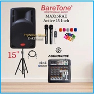 PAKET KARAOKE SPEAKER AKTIF BARETONE MAX15RAE + MIXER DAN 2 MIC RESMI