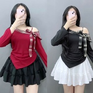 Women's big size Set of off-the-shoulder long-sleeved shirt with rough checkered fabric and flared s