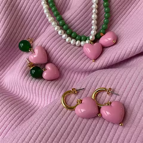 Vintage Sweet Pink Heart Pendant Earrings Freshwater Pearl Contrast Earring Korean Design Candy Colo